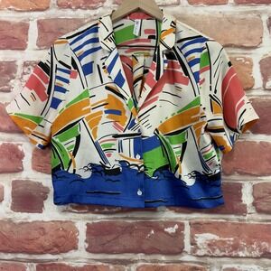 Zara Top Womens S Multicolor Nautical Sailboats Beach Abstract Colorful Shirt